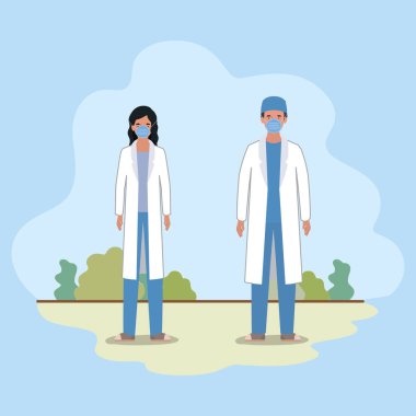 2019 ncov virüs tasarımı karşısında maskeli kadın ve erkek doktorlar