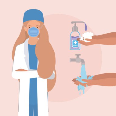 2019 ncov virüs vektör tasarımına karşı maske ve hijyen ürünleri olan kadın doktor
