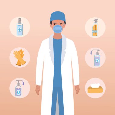 2019 ncov virüs vektör tasarımına karşı maske ve hijyen ürünleri olan insan doktoru