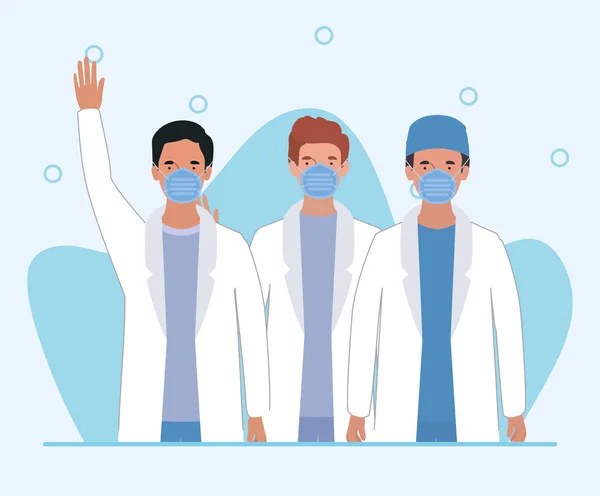 Männer Ärzte mit Masken gegen 2019 ncov Virus Vektor Design — Stockvektor