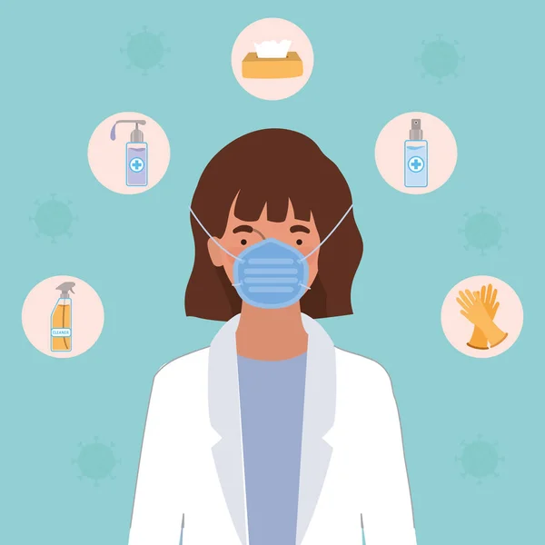 Mulher médico com máscara e produtos de higiene contra 2019 ncov vetor design — Vetor de Stock