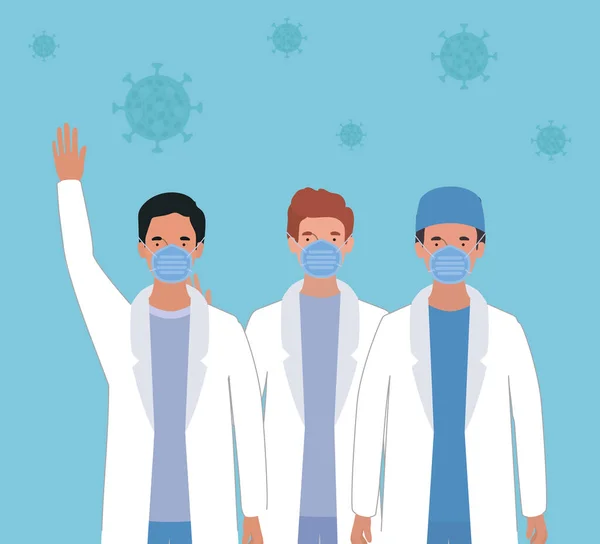 Homens médicos com máscaras contra 2019 ncov design de vetor de vírus — Vetor de Stock