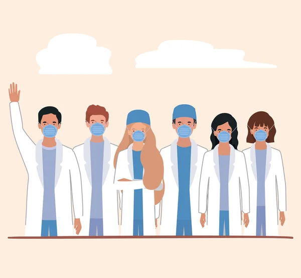Ärzte und Ärztinnen mit Masken gegen das ncov-Virus-Vektordesign 2019 — Stockvektor