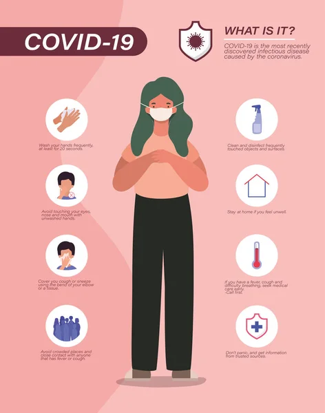 Covid 19 consejos de prevención de virus y avatar mujer con diseño de vectores de máscara — Vector de stock