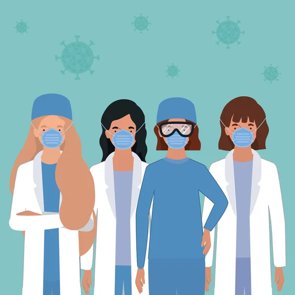 2019 년 ncov 바이러스 벡터 설계에 반대하는 마스크를 가진 여성 의사 — 스톡 벡터