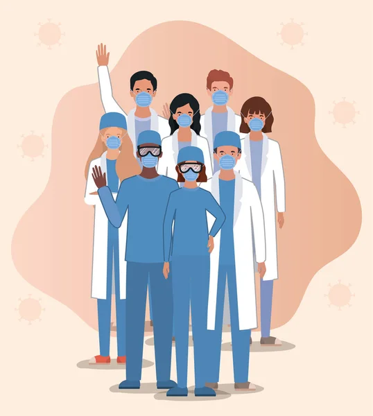 2019 년 ncov 바이러스 벡터 설계에 대한 마스크를 가진 남성 과 여성 의사 — 스톡 벡터