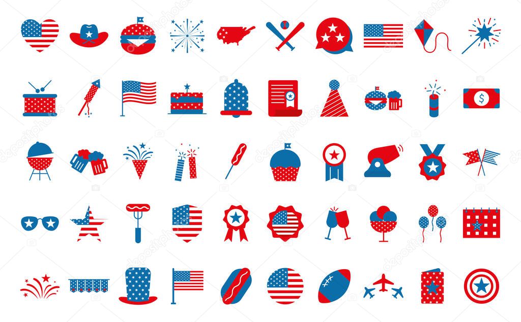 Independence day flat style icon set vector design