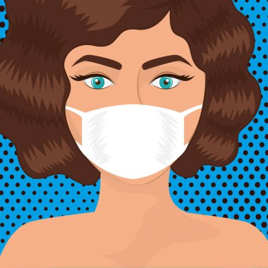 Popüler sanat kadını, arka plan tasarımının üzerine maske takmış.