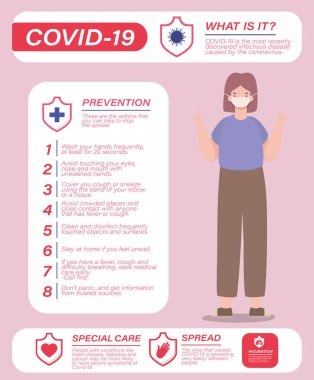 Covid 19 virüs önleme ipuçları ve maske vektör tasarımlı kadın avatarı