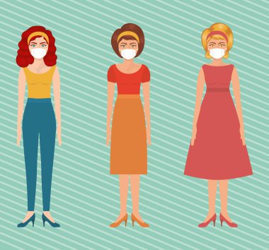 Çizgili arka plan tasarımı üzerinde maskeli pop sanatçısı kadınlar