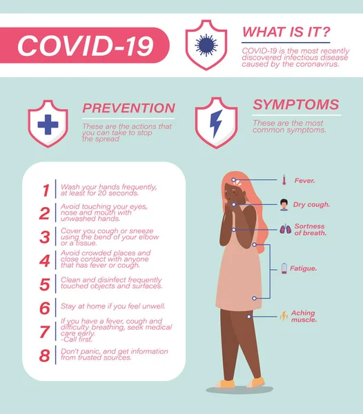 Covid 19 consejos de prevención de virus síntomas y el diseño de vectores avatar mujer — Vector de stock
