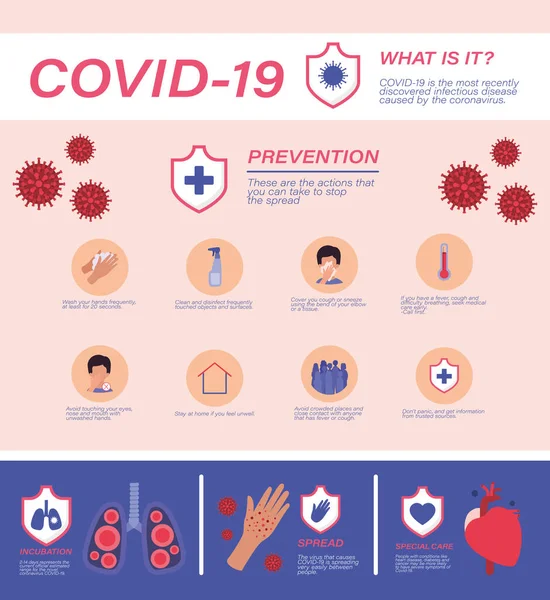 Covid 19 consejos de prevención de virus diseño de vectores — Vector de stock