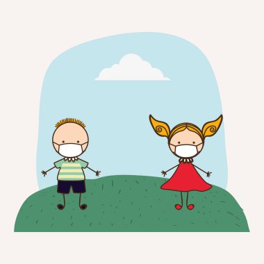 2019 ncov virüs tasarımı karşısında maskeli erkek ve kız çocukları