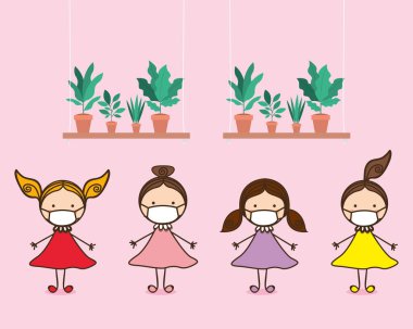 2019 ncov virüs tasarımı karşısında maskeli kızlar