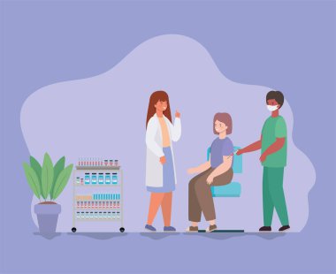 2019 ncov virüs vektör tasarımına karşı kadın aşısı ve maskeli doktorlar