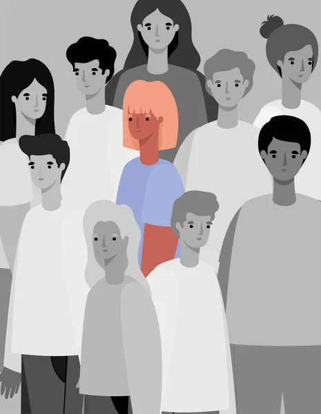 Siyah ve beyaz insan grup vektör tasarımı arasındaki kadın avatarı — Stok Vektör