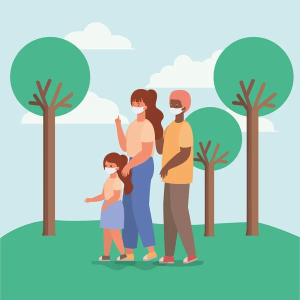 Familj med masker på park vektor design — Stock vektor