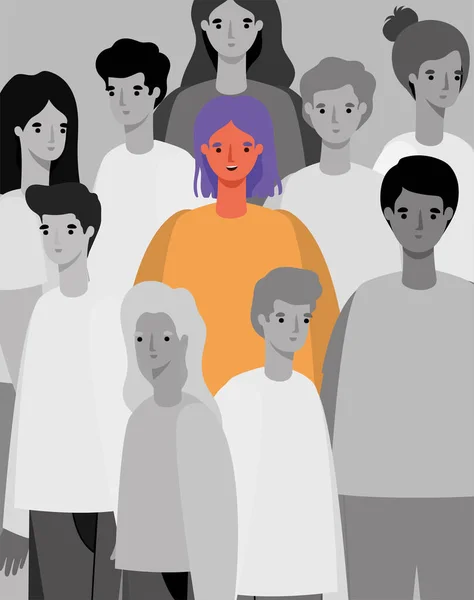 Mujer avatar en color entre la gente en blanco y negro grupo de diseño de vectores — Archivo Imágenes Vectoriales