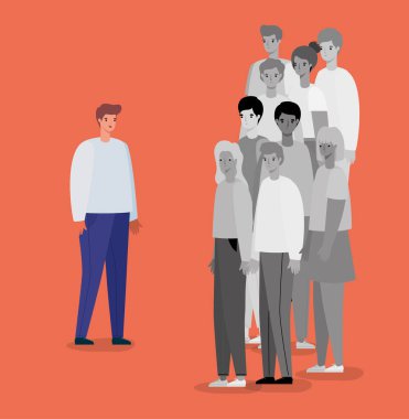 Renkli insan avatarı ve sosyal uzaklık vektör tasarımını temsil eden siyah ve beyaz insan grubu