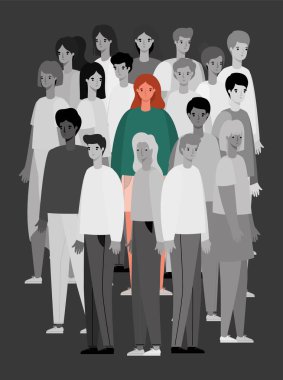 Siyah ve beyaz insan grup vektör tasarımı arasındaki kadın avatarı