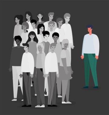 Renkli insan avatarı ve sosyal uzaklık vektör tasarımını temsil eden siyah ve beyaz insan grubu