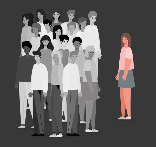 Mujer avatar en color y el grupo de personas en blanco y negro que representa el diseño de vectores de distanciamiento social — Archivo Imágenes Vectoriales