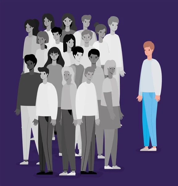 Renkli insan avatarı ve sosyal uzaklık vektör tasarımını temsil eden siyah ve beyaz insan grubu — Stok Vektör