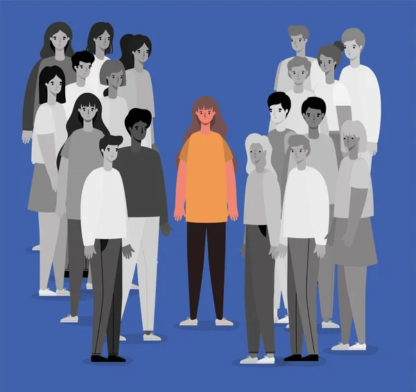Avatar donna a colori e gruppo di persone in bianco e nero che rappresenta il design vettoriale di distanza sociale — Vettoriale Stock