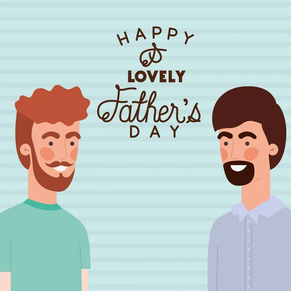 Feliz dia dos pais texto e homens desenhos animados design vetorial —  Vetores de Stock