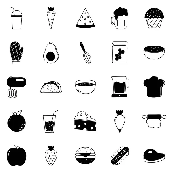 Estilo de silhueta de alimentos design de vetor conjunto de ícones — Vetor de Stock