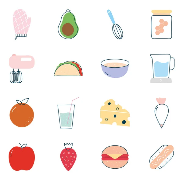 Alimentation plat style icône set vectoriel design — Image vectorielle