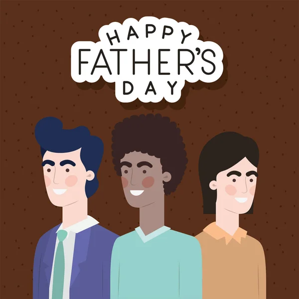 Feliz día de los padres texto y los hombres dibujos animados diseño de vectores — Archivo Imágenes Vectoriales