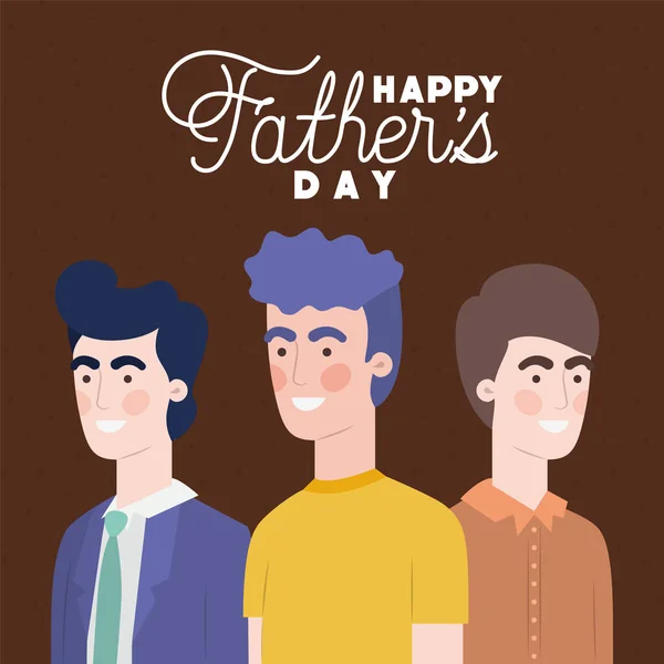 Feliz dia dos pais texto e homens desenhos animados design vetorial —  Vetores de Stock