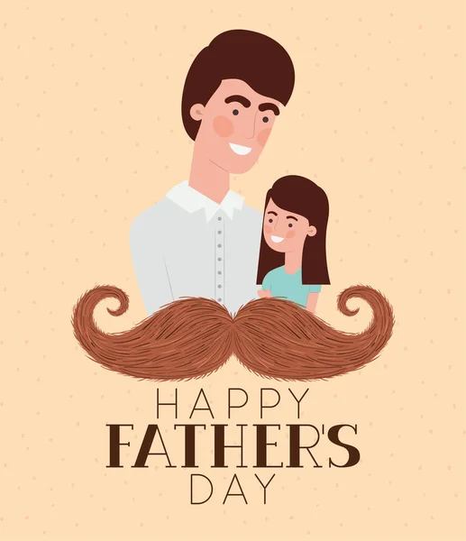 Feliz pais dia texto homem filha desenho animado e bigode vetor design —  Vetores de Stock