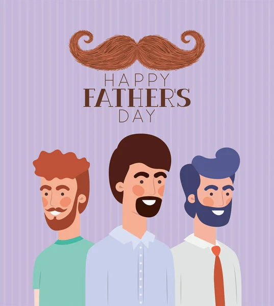 Feliz día de los padres texto hombres dibujos animados y bigote vector de diseño — Vector de stock