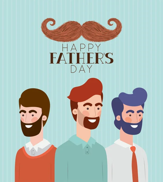 Feliz día de los padres texto hombres dibujos animados y bigote vector de diseño — Vector de stock