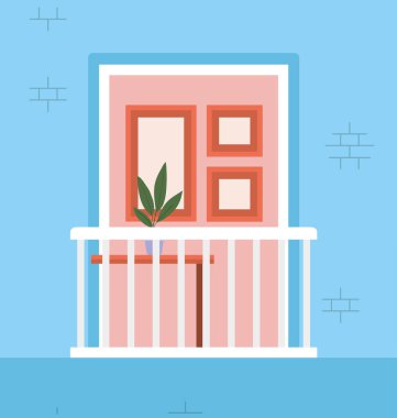 Dışarıdan mavi ev vektör tasarımına bakan balkonlu pencere