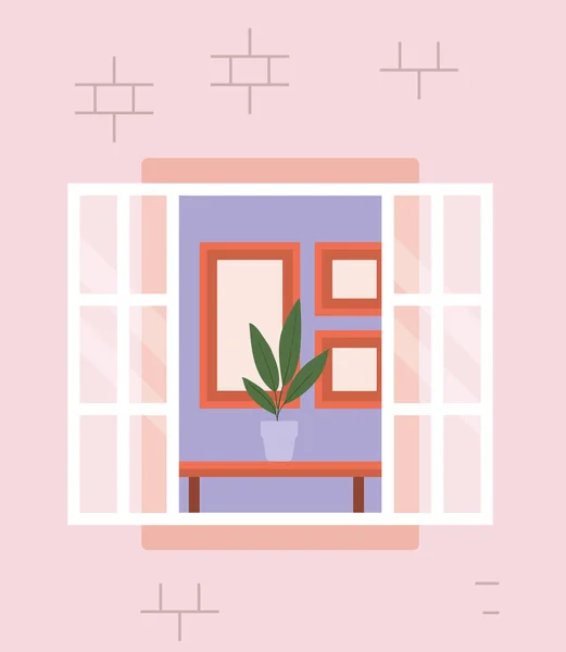 Fenêtre de l'extérieur avec vue sur le design vectoriel de la maison rose — Image vectorielle