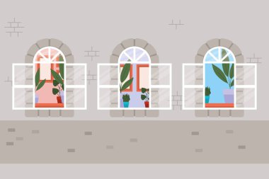 Gri ev vektör tasarımına dışarıdan bakan pencereler