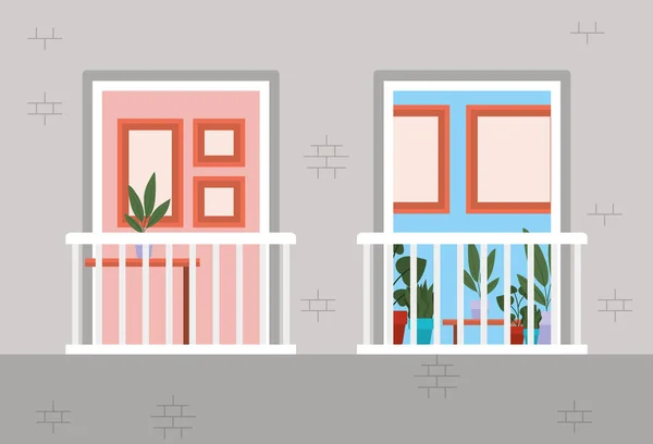 Fönster med balkonger från utsidan med utsikt in i gråa huset vektor design — Stock vektor