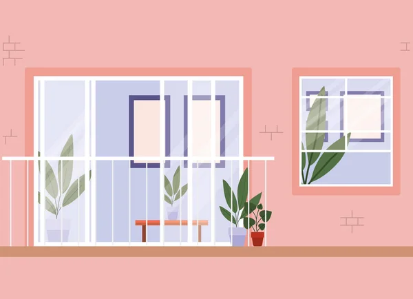 Window and balcony from outside with view into the pink house vector design — Stock Vector