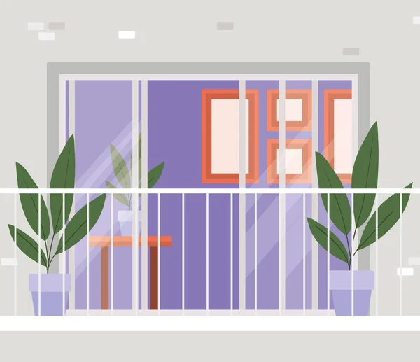 Ventana con balcón desde el exterior con vista al diseño vectorial de la casa gris — Vector de stock