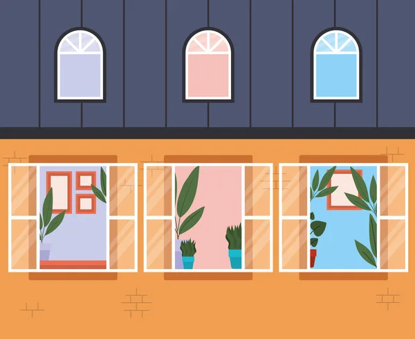 Fenster von außen mit Blick in das orangefarbene Hausvektordesign — Stockvektor