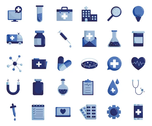 Design de vetor de conjunto de ícones de estilo plano médico e científico — Vetor de Stock