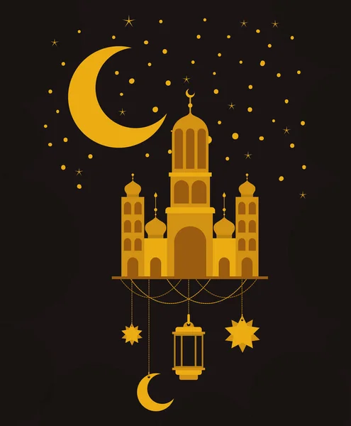 Temple en or moubarak de l'Aïd avec lanterne de suspension lunaire et design vectoriel étoiles — Image vectorielle