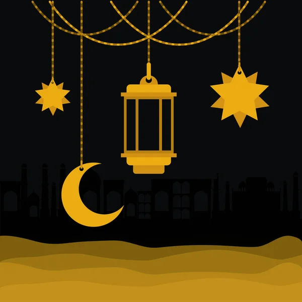 Mübarek Mübarek altın askı fener ayı ve yıldız vektör tasarımı — Stok Vektör