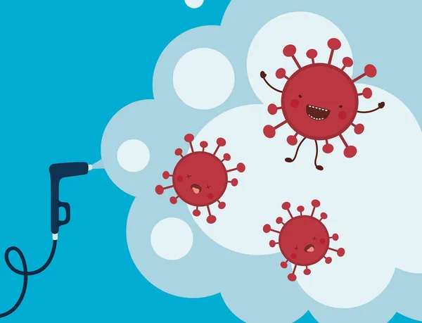 Antibakterielle Sprühschlauch und Rauch mit covid 19 Virus-Cartoons Vektor-Design — Stockvektor