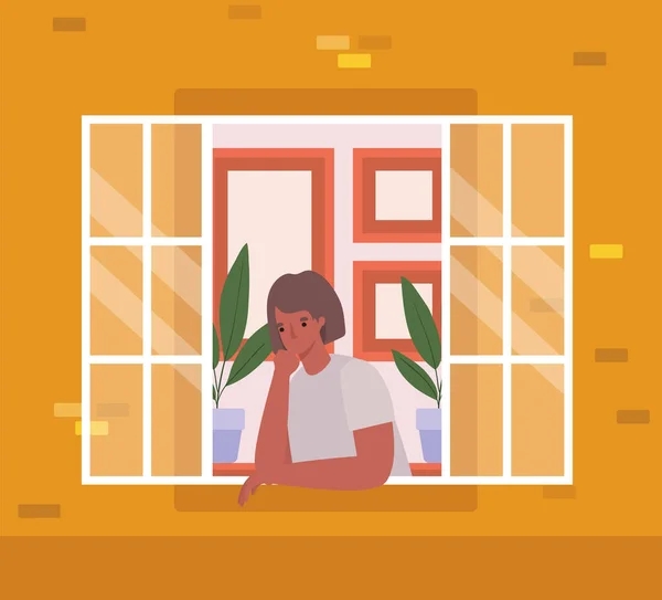 Femme regardant par la fenêtre de conception vectorielle maison orange — Image vectorielle