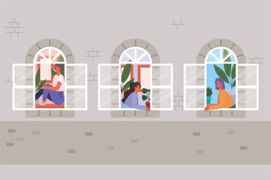 Gri ev vektör tasarımından dışarı bakan kadınlar