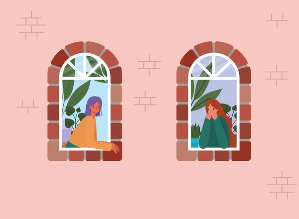 Ženy se dívají z oken z růžového domu vektoru design — Stockový vektor